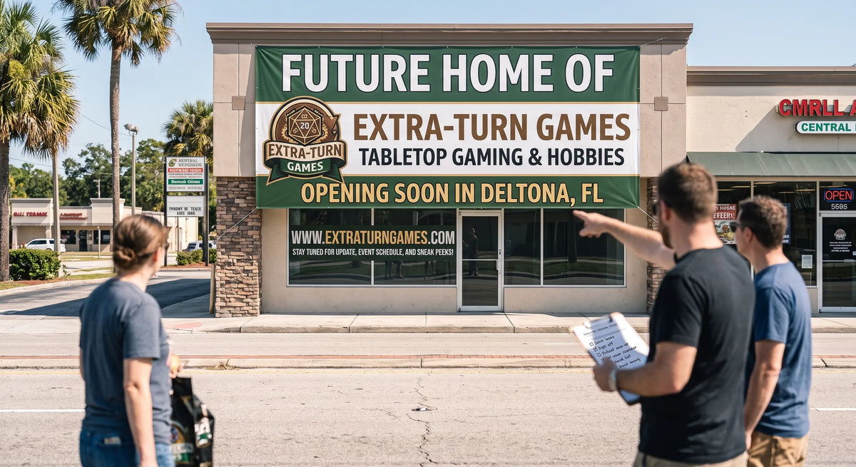 The future Extra Turn Games storefront in Deltona, Florida, with an Opening Soon banner across the front