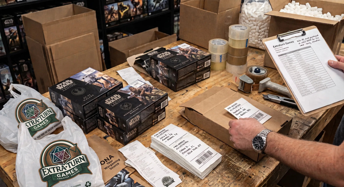 Extra Turn Games order being packed: Star Wars: Legion boxes, branded bags, address labels and a pick list on the packing bench