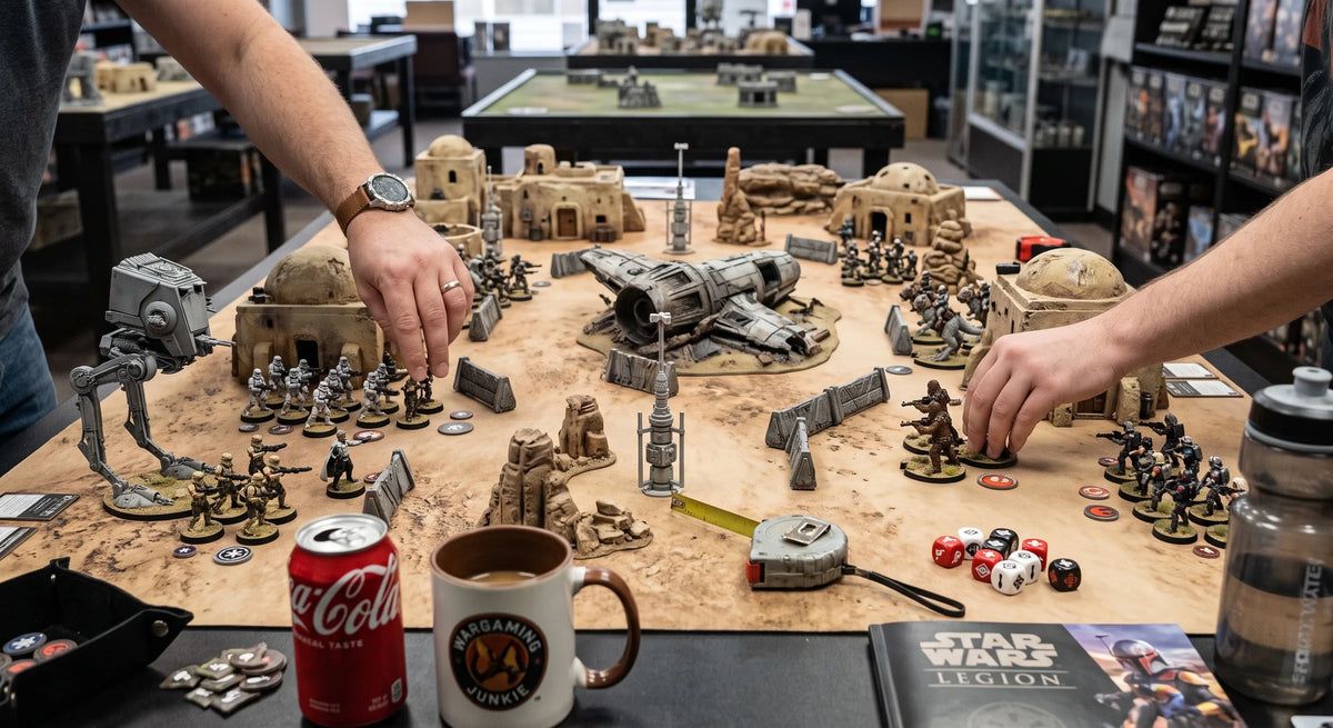 Two players mid-game on a Star Wars: Legion table at Extra Turn Games, terrain and painted squads deployed, dice and a rulebook beside the board